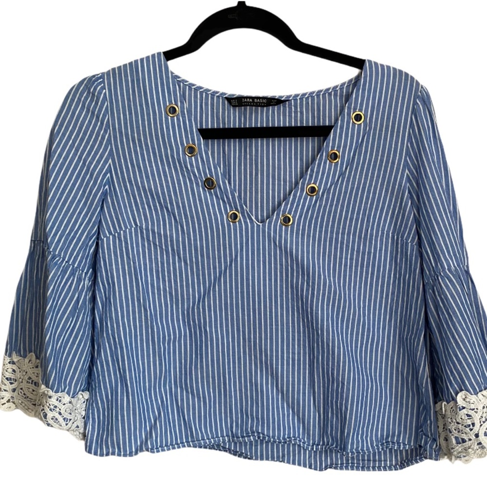 Zara Poplin stripped 3/4 bell sleeve crochet topS